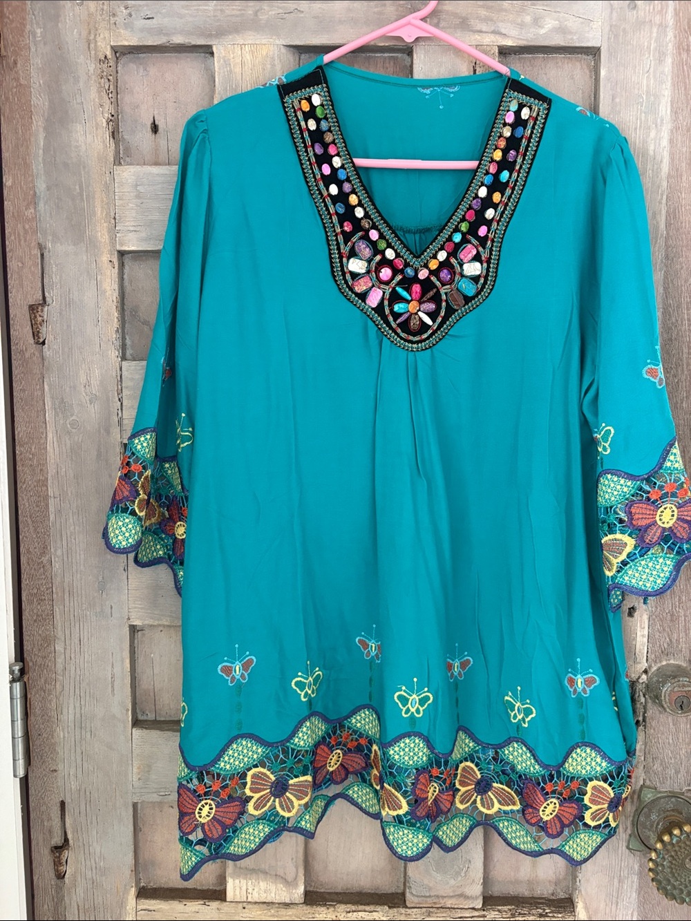 Embroidered Teal V-Neck Boho Tunic Top . Cotton top with beautiful color